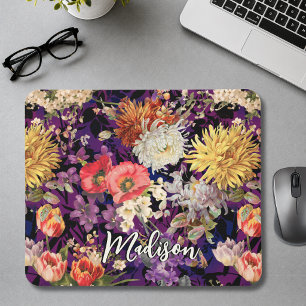 Tapis De Souris Élégant floral botanique aquarelle jaune violet