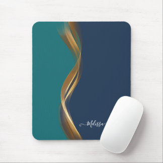 Tapis De Souris Élégant Gold Waves Blue Turquoise avec nom