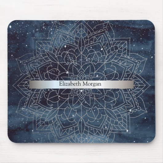 Tapis De Souris Elégant moderne en argent Mandala Stripe Navy bleu (Devant)