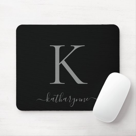 Tapis De Souris Élégant moderne Monogramme argent noir (Avec souris)
