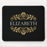 Tapis De Souris Élégant Monogram noir Gold Office School<br><div class="desc">Une élégante mousepade noire et or fleurit pour votre bureau ou retour à l'école. Ajoutez votre nom entre la floraison dorée sur le devant. Conçu pour vous par Blackberry Boulevard.</div>