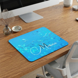 Tapis De Souris Élégant Monogramme Bleu Aqua Banc de Poissons Océa