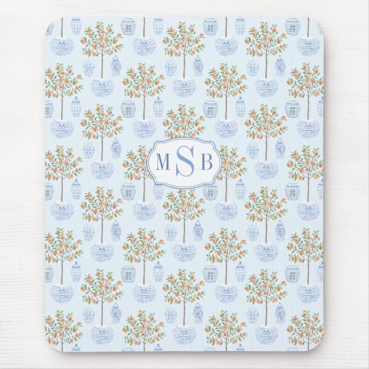 Tapis De Souris Élégant Monogramme Bleu Et Blanc Chine Orange Arbr (Devant)