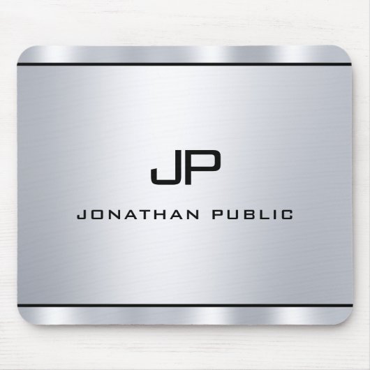 Tapis De Souris Élégant Monogramme d'Argent Métallique Moderne (Devant)