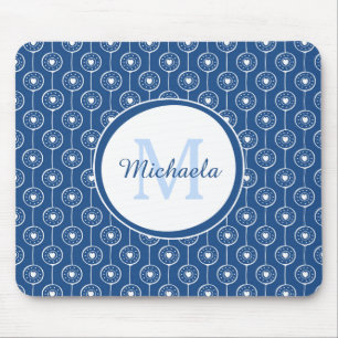 Tapis De Souris Élégant Monogramme de Coeurs Bleu et Blanc avec no
