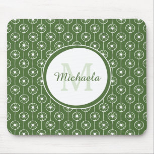 Tapis De Souris Élégant Monogramme de Coeurs Vert et Blanc avec no
