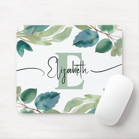 Tapis De Souris Elégant Monogramme Eucalyptus Vert Aquarelle (Avec souris)