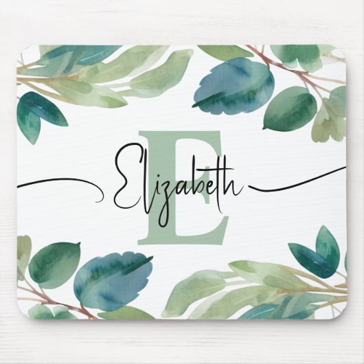 Tapis De Souris Elégant Monogramme Eucalyptus Vert Aquarelle (Devant)