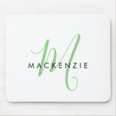 Tapis De Souris Élégant Monogramme moderne blanc vert Script (Devant)