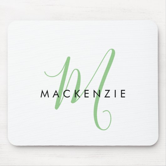 Tapis De Souris Élégant Monogramme moderne blanc vert Script (Devant)