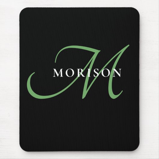 Tapis De Souris Élégant Monogramme moderne noir vert Script (Devant)