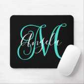 Tapis De Souris Élégant monogramme noir, blanc et turquoise en écr (Avec souris)