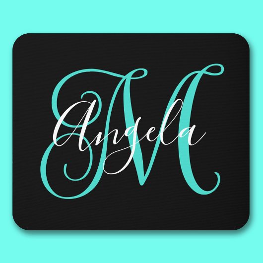 Tapis De Souris Élégant monogramme noir, blanc et turquoise en écr