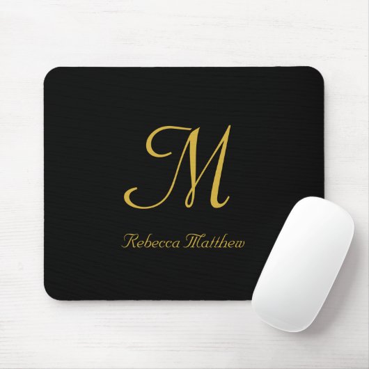 Tapis De Souris Élégant Monogramme noir et or Script (Avec souris)
