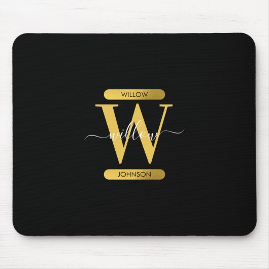Tapis De Souris Élégant Monogramme noir & or Script moderne (Devant)