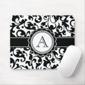 Tapis De Souris Élégant Monogramme Scroll Damask noir et blanc (Avec souris)