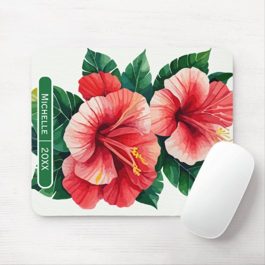 Tapis De Souris Élégant Monogramme vert Hawaii Hibiscus Tropical H (Avec souris)