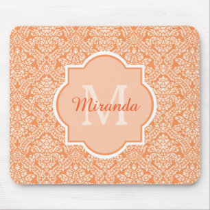 Tapis De Souris Élégant motif de Damas orange Monogramme et nom
