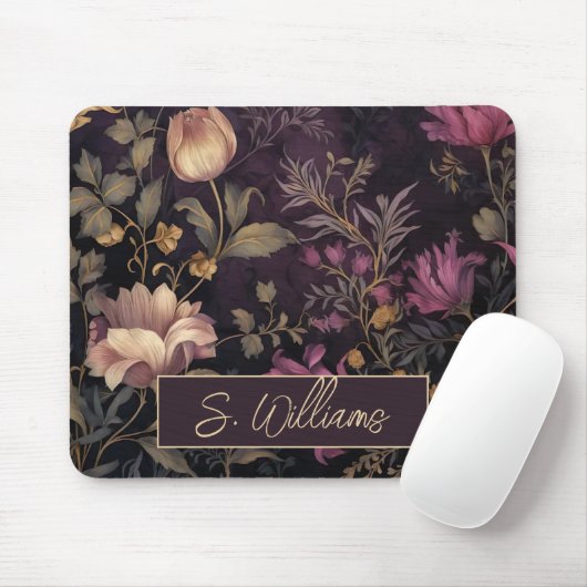 Tapis De Souris élégant motif de fleurs foncées avec nom (Avec souris)