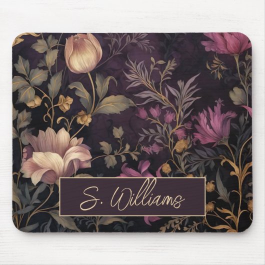 Tapis De Souris élégant motif de fleurs foncées avec nom (Devant)