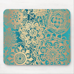 Tapis De Souris Élégant Motif de Mandala Turquoise Green and Gol
