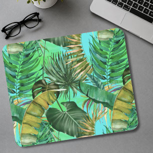 Tapis De Souris Élégant motif jaune bleu de feuilles vertes tropic