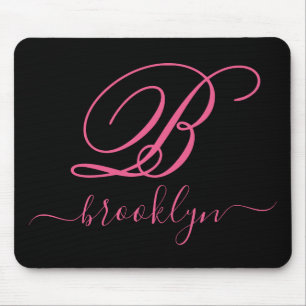 Tapis De Souris Élégant noir rose moderne, manuscrit monogramme