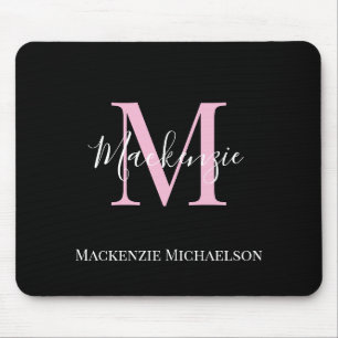 Tapis De Souris Élégant Noir Rose Personnalisé Nom Monogramme
