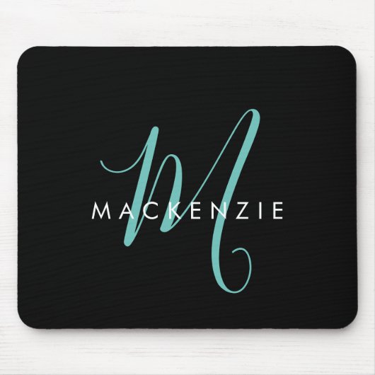 Tapis De Souris Élégant Noir Turquoise Script Monogramme moderne (Devant)