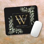 Tapis De Souris Élégant or et noir Monogramme vert Floral<br><div class="desc">Elégante aquarelle feuille verdure fleurie monogramme nom de souris avec un monogramme d'or initial sur un arrière - plan noir élégant avec votre nom dans un texte blanc classique. Conçu par Thisisnotme©</div>