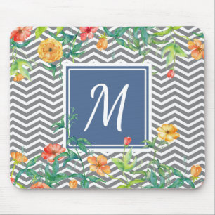 Tapis De Souris Élégant Orange Floral Chevron Chic Blue Monogram