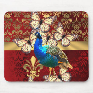 Tapis De Souris Elégant paon vintage et damas rouge