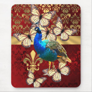 Tapis De Souris Elégant paon vintage et damas rouge