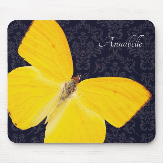 Tapis De Souris Elégant Papillon jaune Noir Damas Ajouter un nom (Devant)