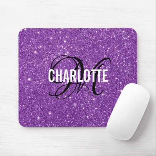 Tapis De Souris Élégant parties scintillant violet nom monogramme  (Avec souris)