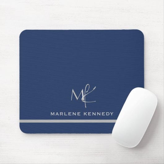 Tapis De Souris Elégant Personnalisé Monogramme d'argent bleu mari (Avec souris)