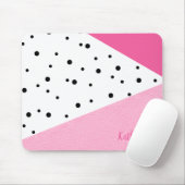 Tapis De Souris Elégant pois noirs en cuir rose géométrique modern (Avec souris)