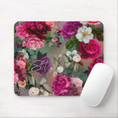 Tapis De Souris Élégant rose fleurs gris monogramme (Avec souris)