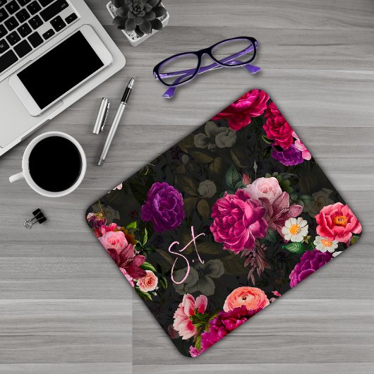 Tapis De Souris Élégant rose fleurs noir monogramme