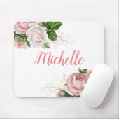 Tapis De Souris Élégant rose rose floral blanc (Avec souris)