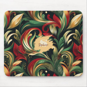 Tapis De Souris Élégant Rouge, Vert & Or Abstrait Feuilles de marg