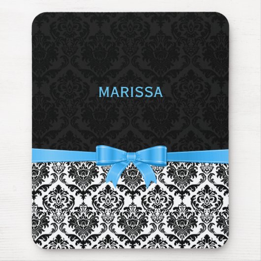 Tapis De Souris Élégant ruban bleu noir et blanc Damas 2 (Devant)