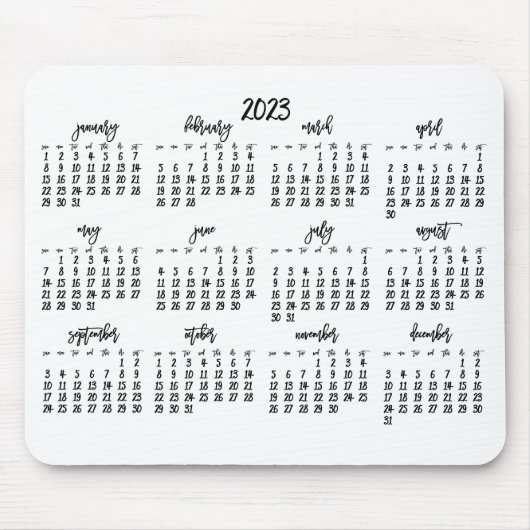 Tapis De Souris Élégant Script Blanc Et Noir Calendrier 2023 (Devant)