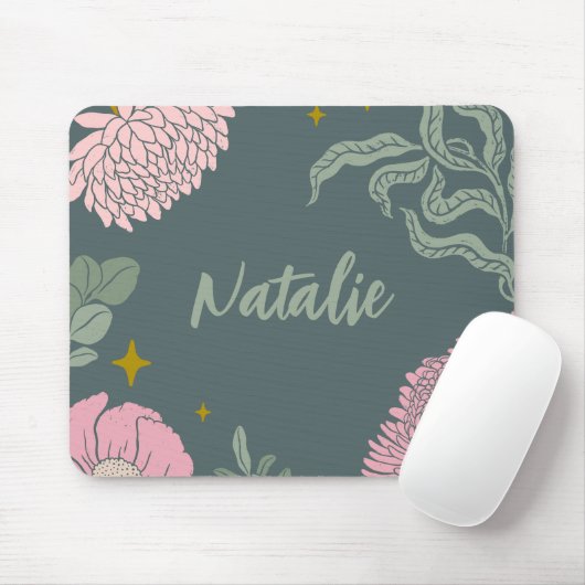Tapis De Souris Élégant script monogramme vert olive vert rose flo (Avec souris)