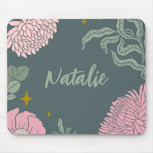 Tapis De Souris Élégant script monogramme vert olive vert rose flo (Devant)