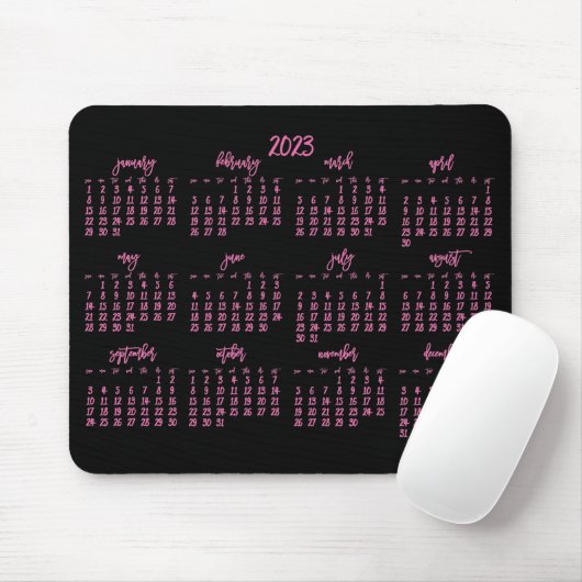 Tapis De Souris Élégant Script Noir Et Rose Calendrier 2023 (Avec souris)
