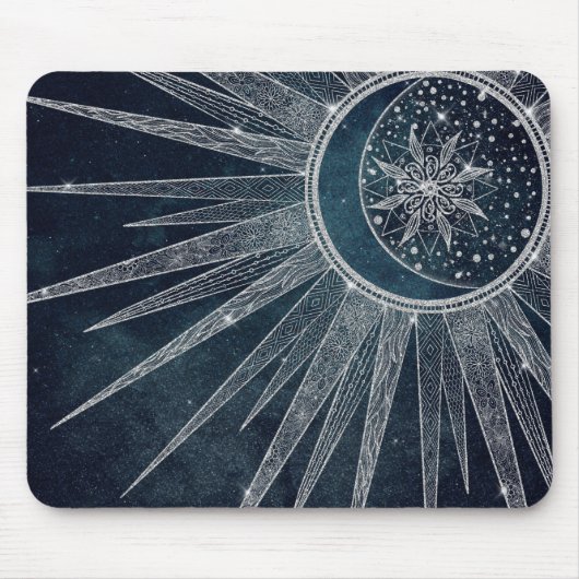 Tapis De Souris Elégant Silver Sun Moon Doodle Mandala Blue Design (Devant)