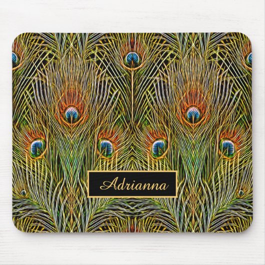 Tapis De Souris Élégant Stylish Or Peacock Feathers Avec Nom (Devant)