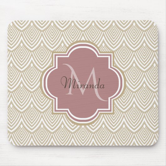 Tapis De Souris Élégant Tan Arched Scallops Mauve Monogramme Nom (Devant)
