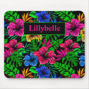 Tapis De Souris Élégant Tropical Rose Rouge Hibiscus Fleur